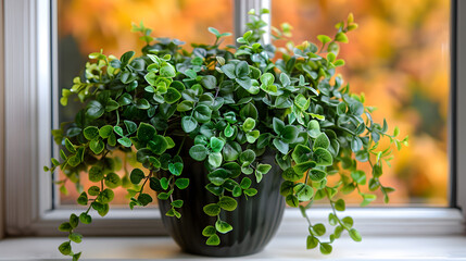 A flower pot with a green plant hangs next to the window