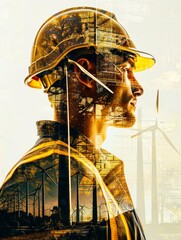 Wall Mural - A man in a hard hat stands in front of a wind farm