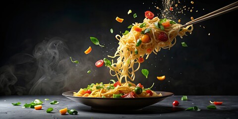 Instant noodles with sauce and vegetables flying in the air on a dark background, instant noodles, sauce, vegetables