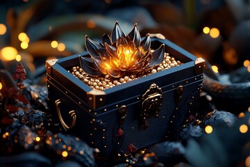 Poster - An elegant treasure chest with a glowing lotus, surrounded by golden pearls and enchanting lights, perfect for fantasy themes.