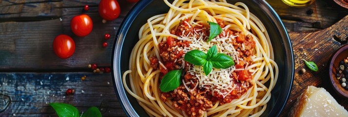 Poster - Spaghetti Bolognese featuring minced meat sauce, tomatoes, Parmesan cheese, and fresh basil in a deep dish, showcasing traditional Italian cuisine.