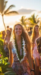 Wall Mural - Guests in flower leis are arriving at a beach resort, soaking in the warm sunset and lively tropical environment