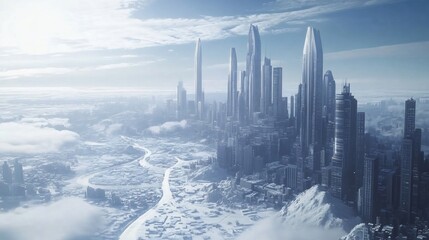 Wall Mural - Futuristic Cityscape with Snowy Landscape