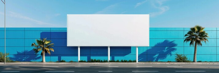 Wall Mural - Mockup of a spacious horizontal empty billboard in a retail environment set against a blue backdrop.