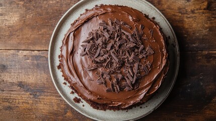 Wall Mural - Close-up of a Brazilian carrot cake topped with rich chocolate frosting, placed on a ceramic plate on a wooden table. Sprinkles of chocolate shavings add to the allure.