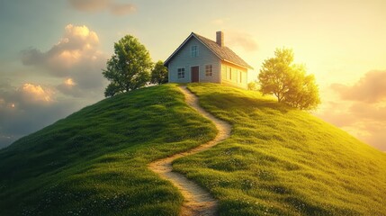 Wall Mural - A house is on top of a hill with a path leading to it