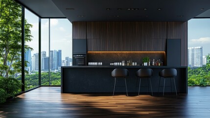 Dark wooden kitchen interior featuring a bar island, chairs, and cooking cabinets. Panoramic view of Singapore's skyline. Empty wall partition for creative use. 3D rendering.