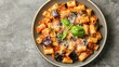 © Nuttaya Nampai - Delicious Pasta alla Norma with eggplant, tomato sauce, cheese, and basil, served on a plate with a gray concrete background. Top view.
