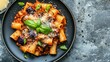 © Nuttaya Nampai - Delicious Pasta alla Norma with eggplant, tomato sauce, cheese, and basil, served on a plate with a gray concrete background. Top view.