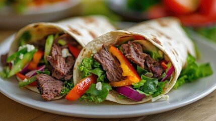 Delicious tortilla wraps with kebab beef, fresh salad, and vibrant vegetables, served on a white plate on a wooden table. Ready for a quick bite.