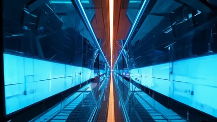 Poster - Exploring a long, narrow corridor illuminated with vibrant blue and orange lights