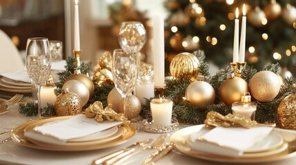 Festive Christmas table setting with gold and white decorations, candles, and elegant tableware. A perfect setup for a holiday dinner.