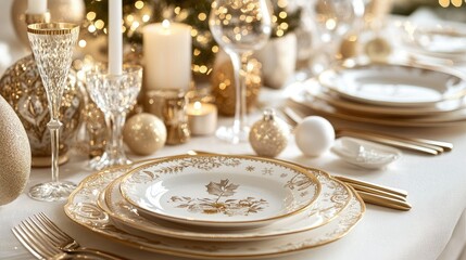 Festive Christmas table setting with gold and white decorations, candles, and elegant tableware. A perfect setup for a holiday dinner.