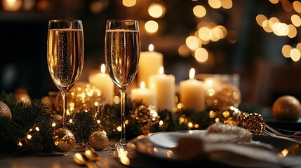 festive new year's table with a centerpiece of candles, champagne glasses, and gold confetti. the at