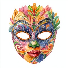 20. A festive halloween mask, party accessory, watercolor illustration, bright and intricate design, isolated on white background