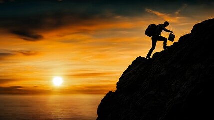 Wall Mural - - business person climbing a steep mountain trail with a briefcase, determination concept, sunrise, 