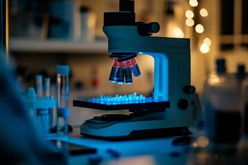 Poster - Microscope with DNA Helix in a High Tech Lab Representing the Intersection of Genetics Pharmaceuticals and Modern Medicine