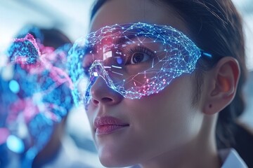 Poster - Female Scientist Wearing AR Glasses with DNA Helix Visualization Highlighting the Integration of Augmented Reality and Genetics in Modern Research