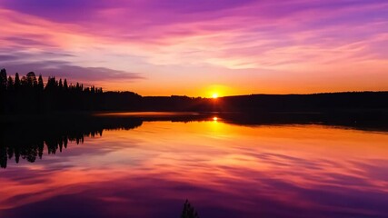 Wall Mural - Stunning sunset over the tranquil lake surrounded by trees and mountains