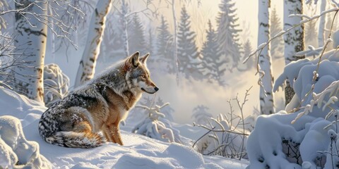 Wall Mural - Wolf observing a snowy winter landscape