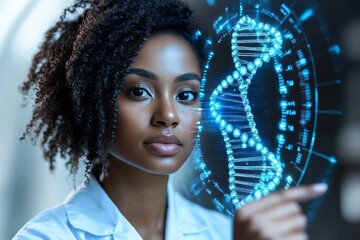 Sticker - Portrait of a Female Scientist with Holographic DNA Display Highlighting the Role of Women in Advanced Genetic Research and Biotechnology