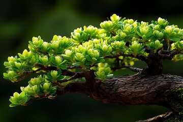 Aufkleber - Close-up view of a vibrant green bonsai tree, showcasing its delicate leaves and intricate branch structure in natural light.