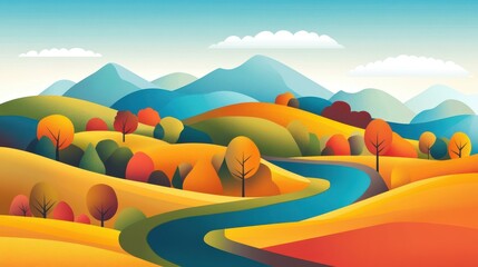 Poster - Experience autumns charm through vibrant colors in a playful flat illustration, celebrating natures palette.