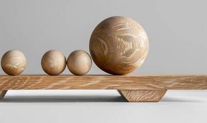 wooden scale balancing one big ball and four small ones.