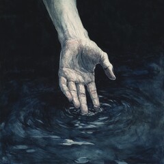 Wall Mural - 27. Pale hand, reaching from a dark pool, grasping for light, Watercolor style