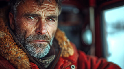 portrait of happy confident handsome trucker driver in his semi truck