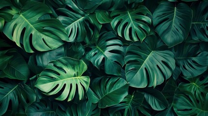 Monstera green leaves or Monstera Deliciosa in dark tones(Monstera, palm, rubber plant, pine, birdâ€™s nest fern), background or green leafy tropical pine forest patterns for creative design , ai