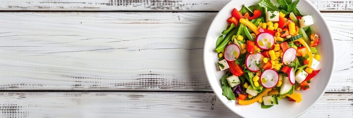 Poster - Vegan Salad with Grilled Corn, Radish, Jicama, Red Pepper, and Green Beans Drizzled with Lime Olive Oil Dressing in a White Bowl on a White Wooden Surface - Top View Flat Lay