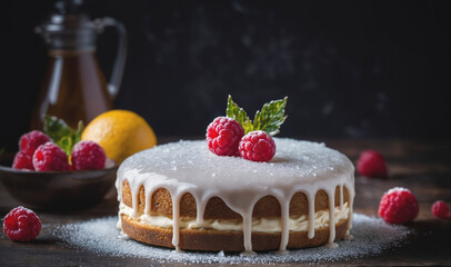 A white cake with a lemon glaze sits on a wooden table, topped with two raspberries and a sprig of mint