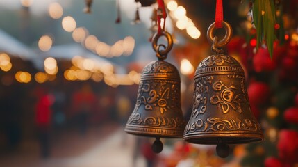 A beautiful pair of decorative bells dangle against a backdrop of twinkling lights and festive decorations at a holiday market