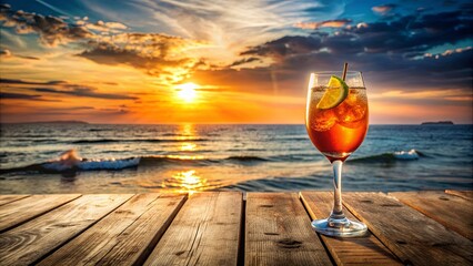 A refreshing aperol spritz cocktail on a wooden table with a beautiful sea and sunset background