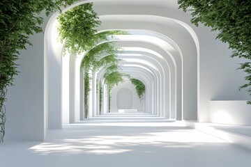 Poster - Futuristic White Corridor with Plants Depicting the Intersection of Nature and Technology in Modern Design