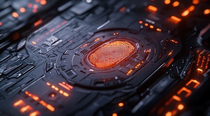 Poster - F-setup with fingerprint, futuristic style, security concept, close-up shot, dark gray background, high-resolution photography