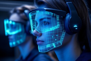 Sticker - Woman Wearing Augmented Reality Glasses Highlighting Innovation in Human Computer Interaction and Technology