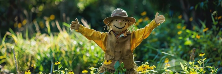 Canvas Print - Whimsical scarecrow in a bright yellow shirt and vest guarding the garden plants