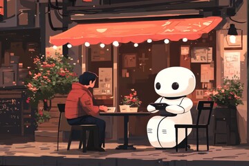 Poster - Animated Robot Sitting at a Café Table Depicting the Integration of AI into Everyday Urban Life in a Whimsical Style