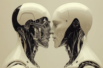 Canvas Print - Profile of Two Robotic Heads Facing Each Other Representing the Symmetry and Complexity of Advanced Robotics in a Minimalist Style