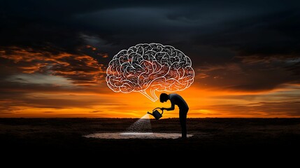 Wall Mural - conceptual image of a person watering a tree shaped like a brain at sunset, symbolizing knowledge gr