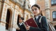 © SHI - Spanish college students are holding books and looking at the camera in front of historical buildings with calm and confident eyes, showing their longing for campus life and thirst for knowledge.