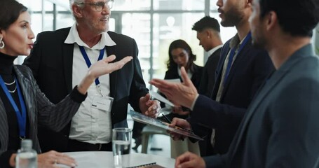 Aufkleber - Meeting, conference and business people with tech in discussion for connection, opportunity and plan. Corporate, convention and employees with conversation for speed networking, event and information