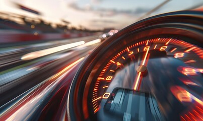 Wall Mural - Speedometer scoring high speed in a fast motion blur racetrack background. Speeding Car Background Photo Concept. 