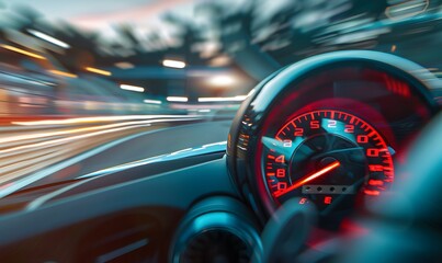 Wall Mural - Speedometer scoring high speed in a fast motion blur racetrack background. Speeding Car Background Photo Concept. 