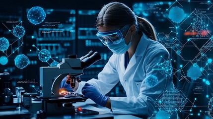 Wall Mural - Lab technician examining a sample under a microscope, surrounded by futuristic digital overlays, medical research concept, copy space for text,