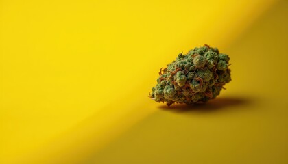 A close-up of a cannabis bud against a vibrant yellow background, highlighting the plant's unique texture and color. Ideal for wellness, cannabis, or lifestyle content.