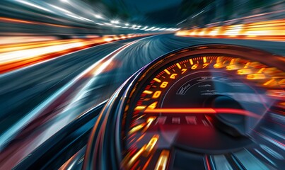 Wall Mural - Speedometer scoring high speed in a fast motion blur racetrack background. Speeding Car Background Photo Concept. 