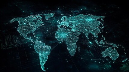 Poster - Digital World Map with Glowing Cities and Interconnected Lines